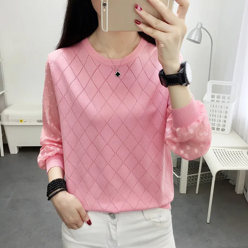 pink Neploe Корейская открытая кружевная блузка Женский Свободный пуловер вязаный короткий свитер с длинным рукавом рубашка осень зима патч Blusas 46355 - Цвет: pink