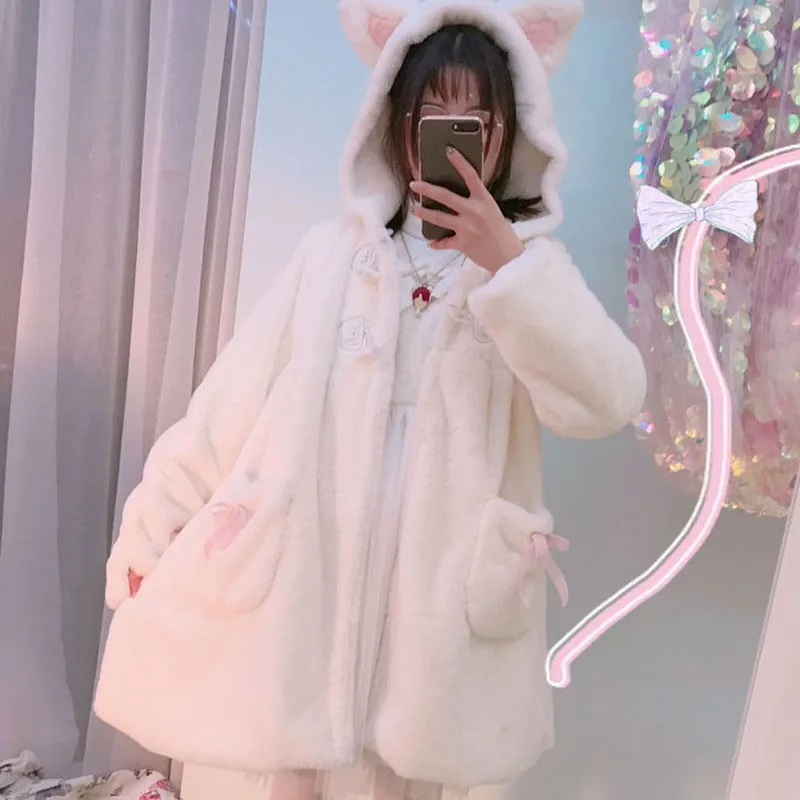 

Пальто Lolita розовое плюшевое утолщенное мягкое милое пальто в японском стиле для девушек на осень и зиму кошачьи уши с когтями Симпатичные п...