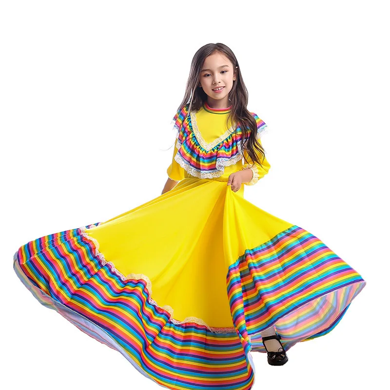 Traditional Mexican Girl Long Dress Dance Clothing Children's Day Kid Girls Stage Performance Clothes Cosplay jumpsuit |