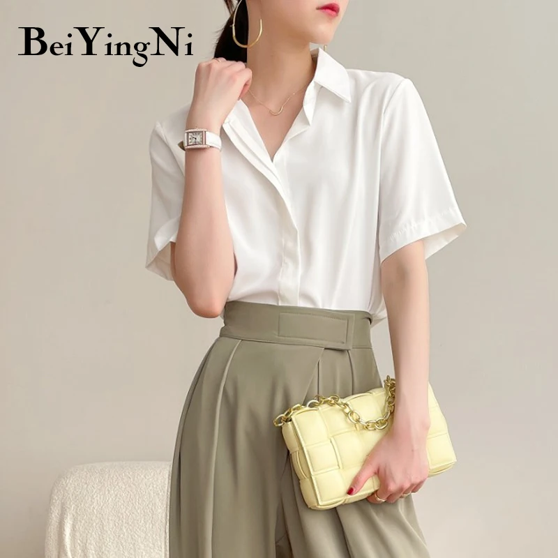 

Beiyingni Office Ladies Shirts Plain Leisure White Blue Short Sleeve Blouses Female Sexy Loose Streetwear Blusas Women Tops OL