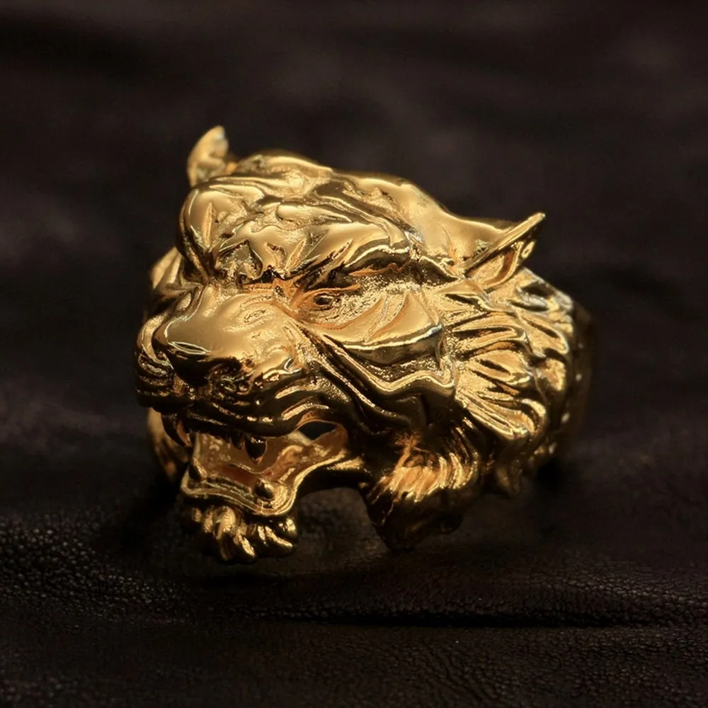 

LINSION Gold Plated Brass Tiger Ring High Detail Mens Biker Rock Punk Jewellery GP130 US Size 7~15