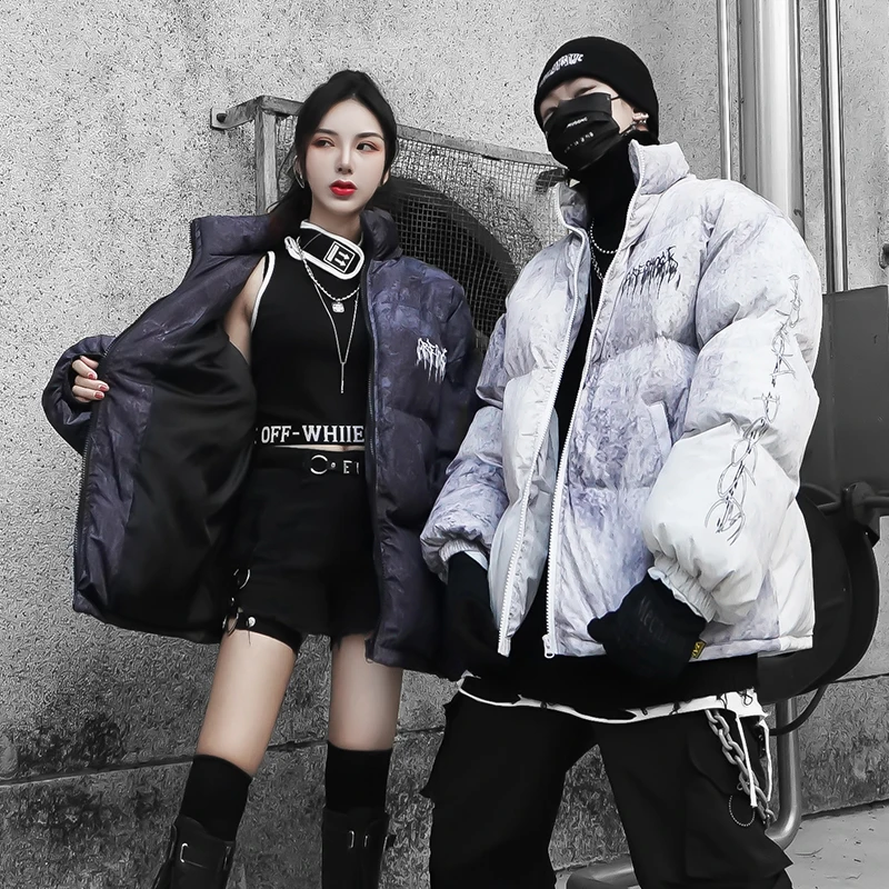 Граффити Состаренный полный печати стеганая куртка для мужчин зимние теплые