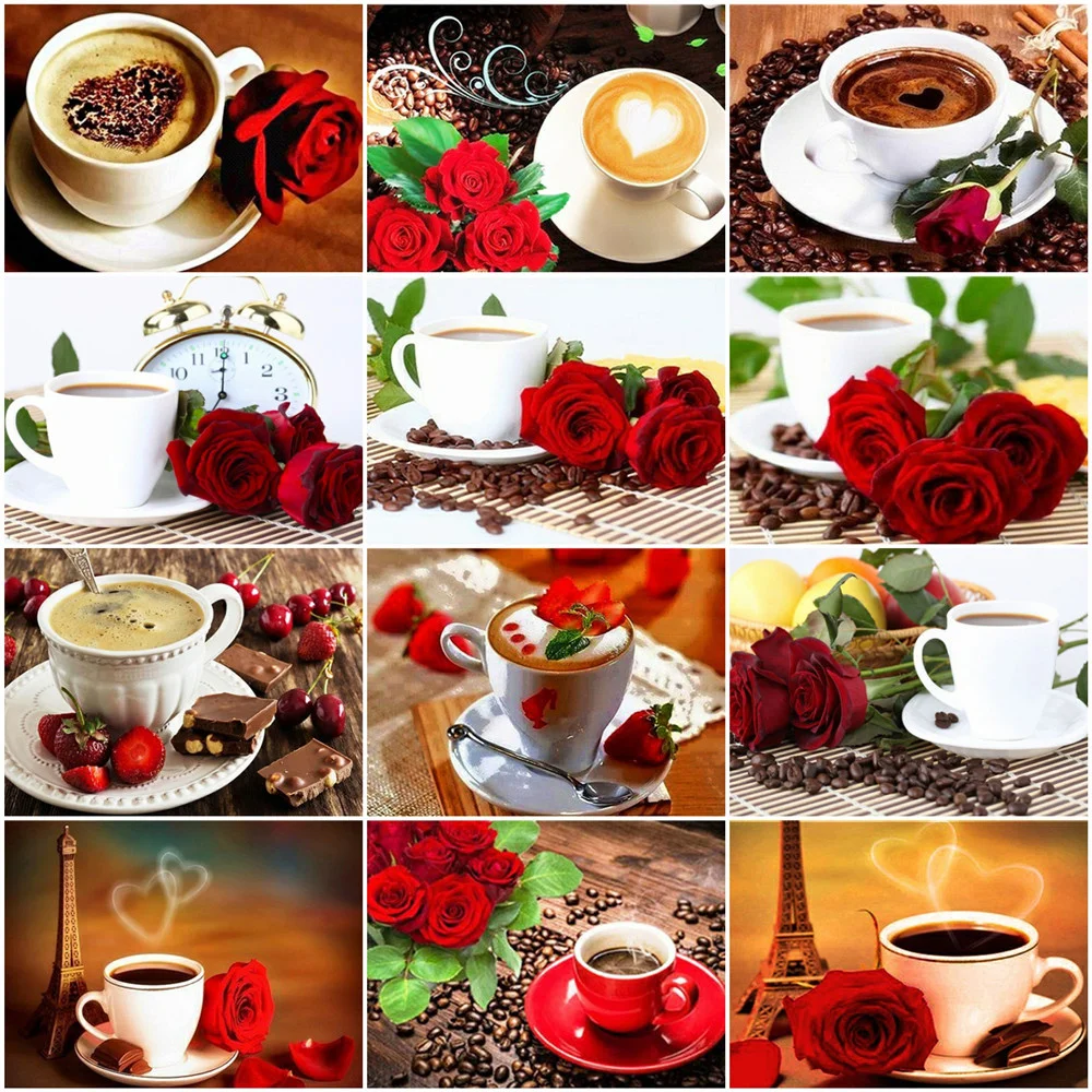 

HUACAN Painting By Number Rose Flower Acrylic Wall Art Coloring By Numbers Coffee Cup Kits Unique Gifts For Living Room