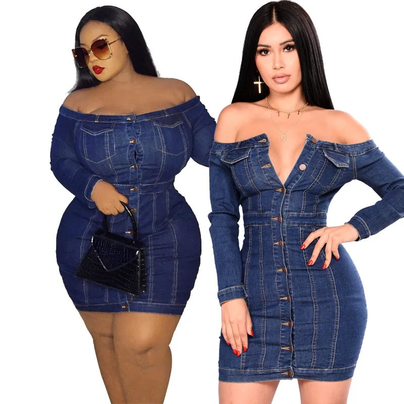 

Sexy Off Shoulders Bodycon Mini Dress Women Summer Vestidos Fashion Long Sleeves Jeans Dress Ladies Vintage Washed Denim Dress