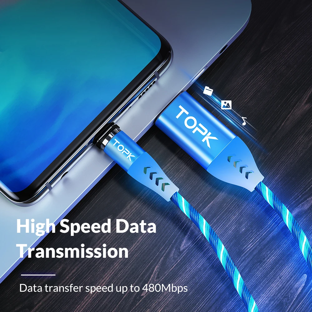 Магнитный кабель TOPK 3A светодиодный Micro Usb Type-C для быстрой зарядки iPhone Xiaomi Mi 9 8