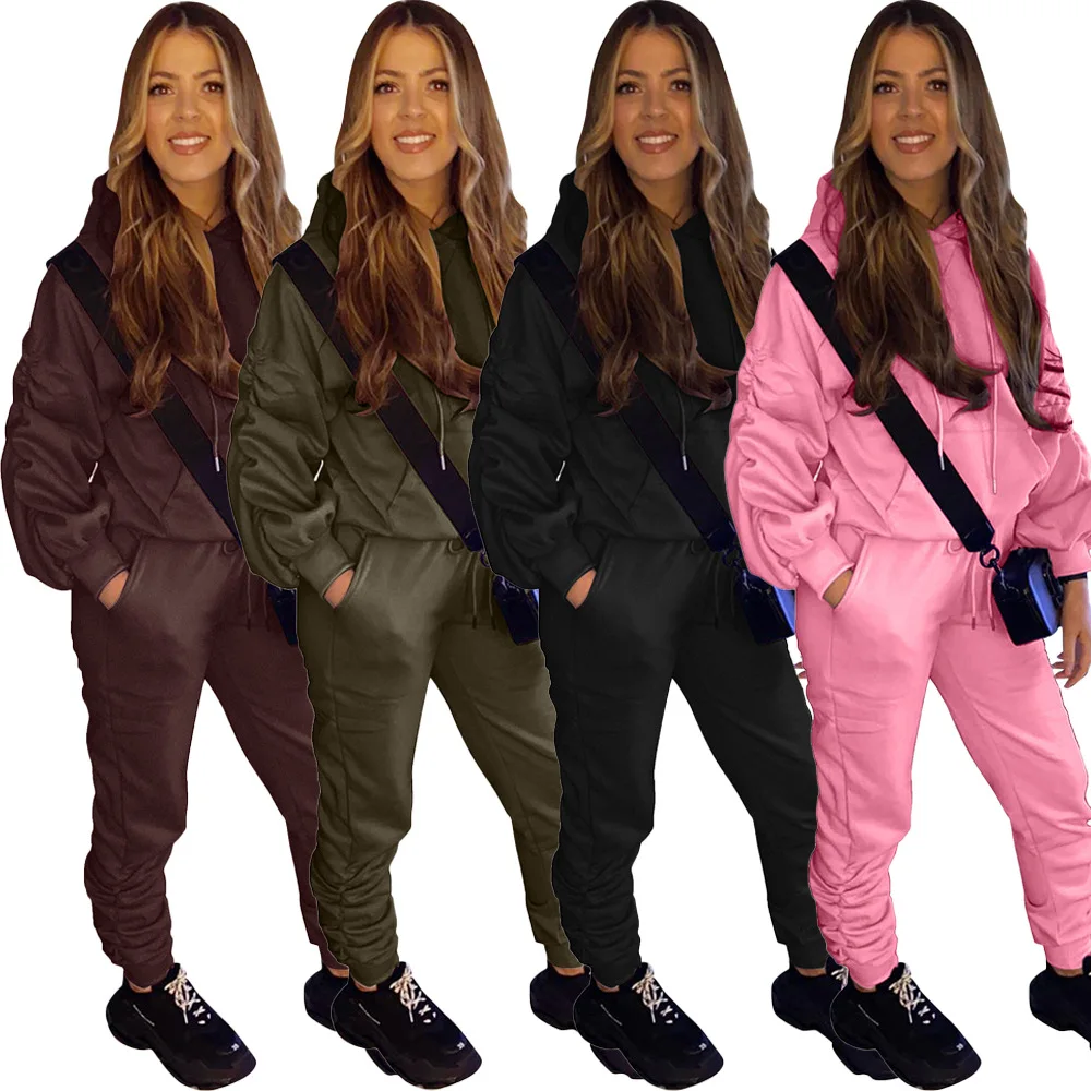 

8CQ139 Autumn Winter Women Casual Fashion Solid Color Hooded Pocket with Pleated Elastic Two Piece Set Hot