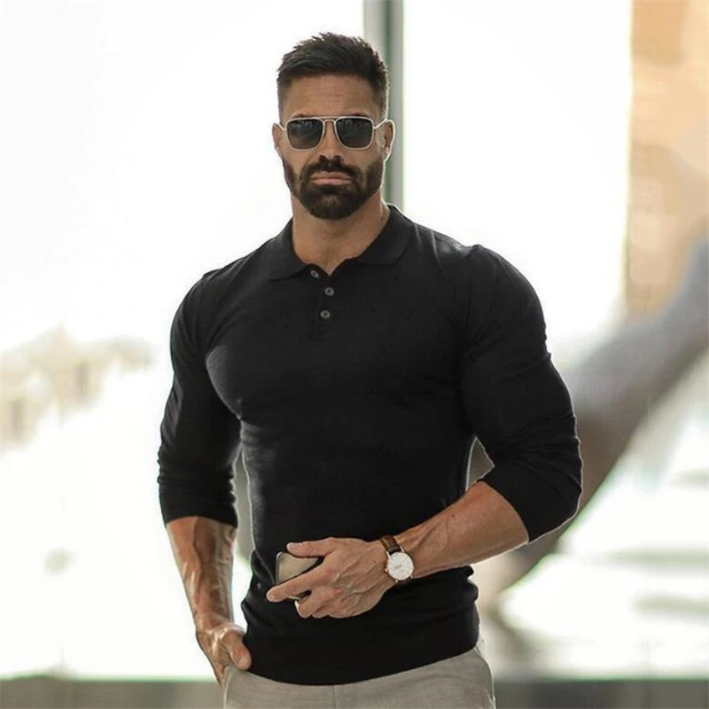 

Brand Polo-Shirts Long Sleeve Male Cotton Solid Fitness Mens Slim Fit Fashion Autumn Breathable Polo Shirt plus size