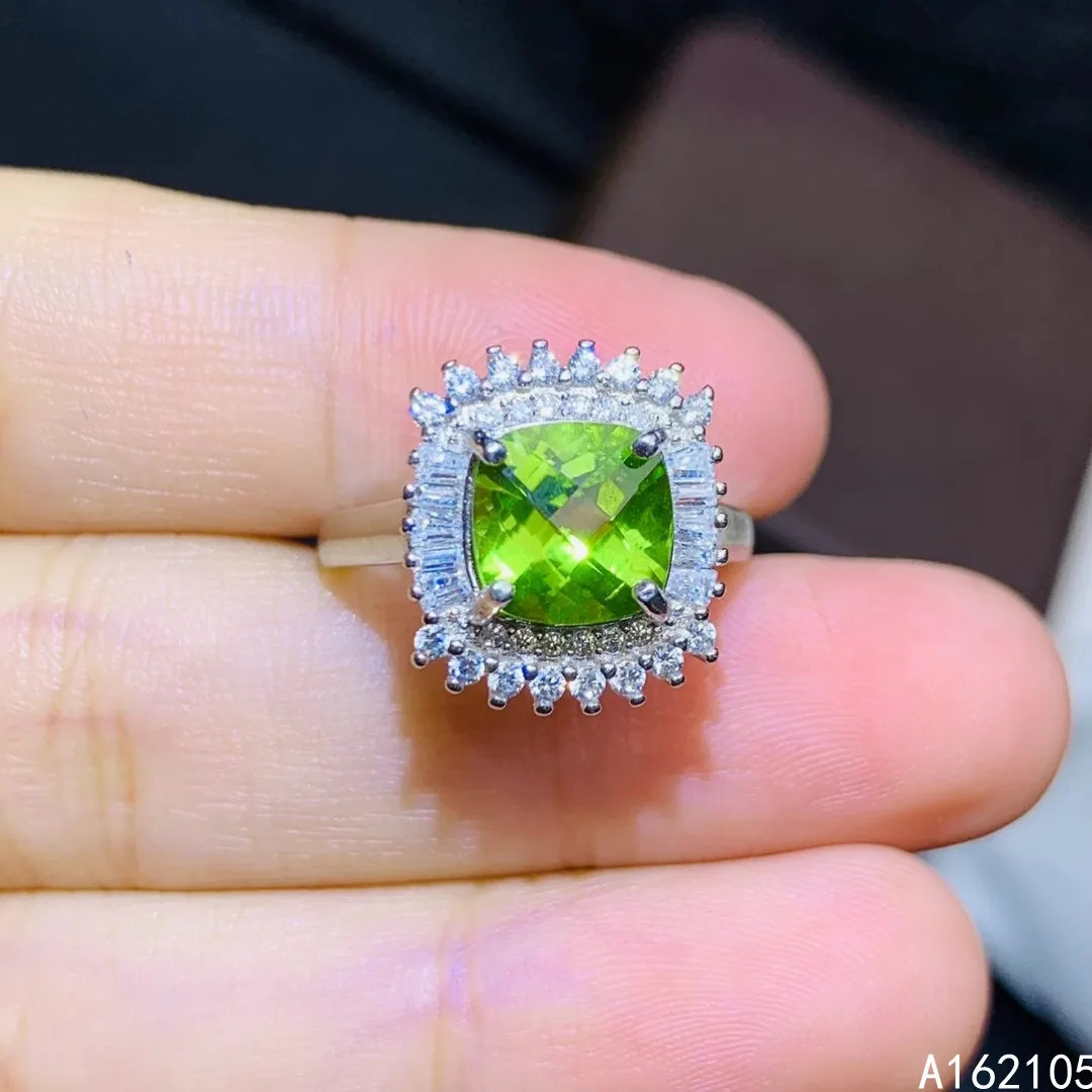 925 Pure Silver Chinese Style Natural Peridot Women's Luxury Trendy Fresh Square Adjustable Gem Ring Fine Jewelry Support Detect
