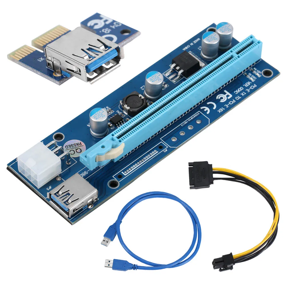 60CM PCI-E Express 1X to 16X USB 3.0 Riser Card with USB 3.0 Extender Cable Power Supply SATA 6Pin Cable for Bitcoin Mining