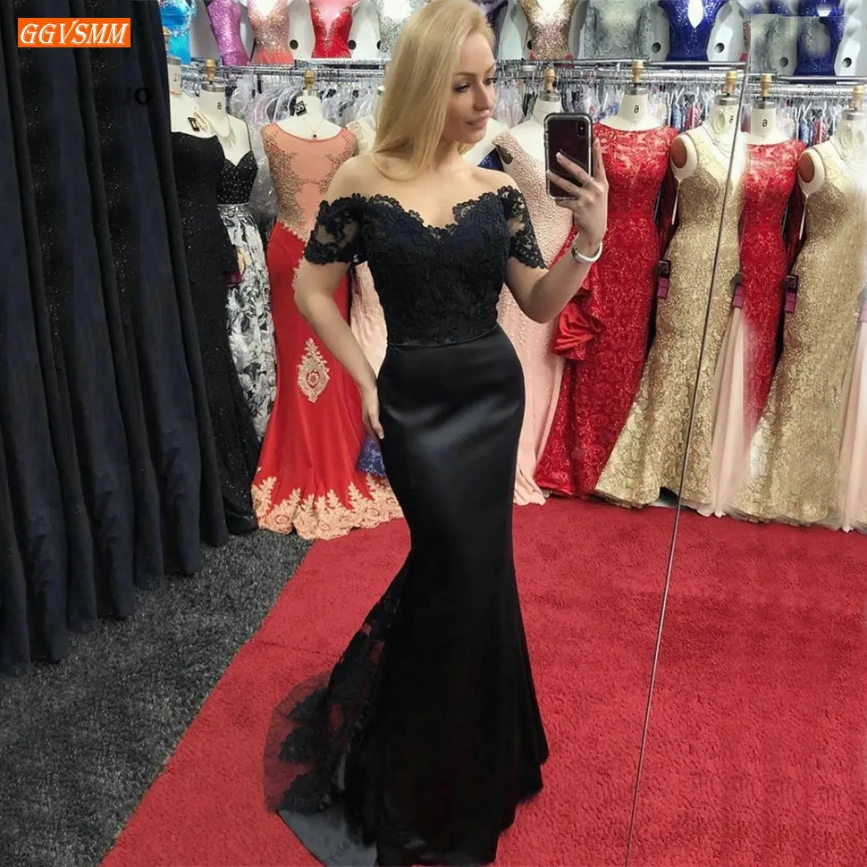 

Excellent Dark Navy Mermaid Evening Gown Long Off Shoulder Appliqued Satin Black Evening Dresses Short Sleeve Gala Formal Dress
