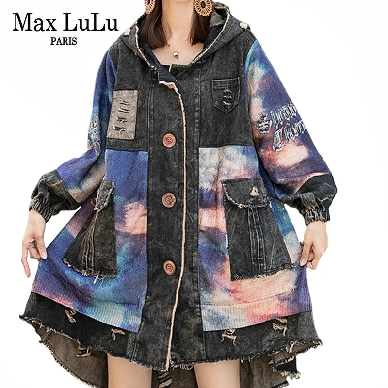 

Женский трикотажный джинсовый Тренч Max LuLu, длинная рваная ветровка с капюшоном и дырками, уличная одежда в стиле панк, для зимы, 2021