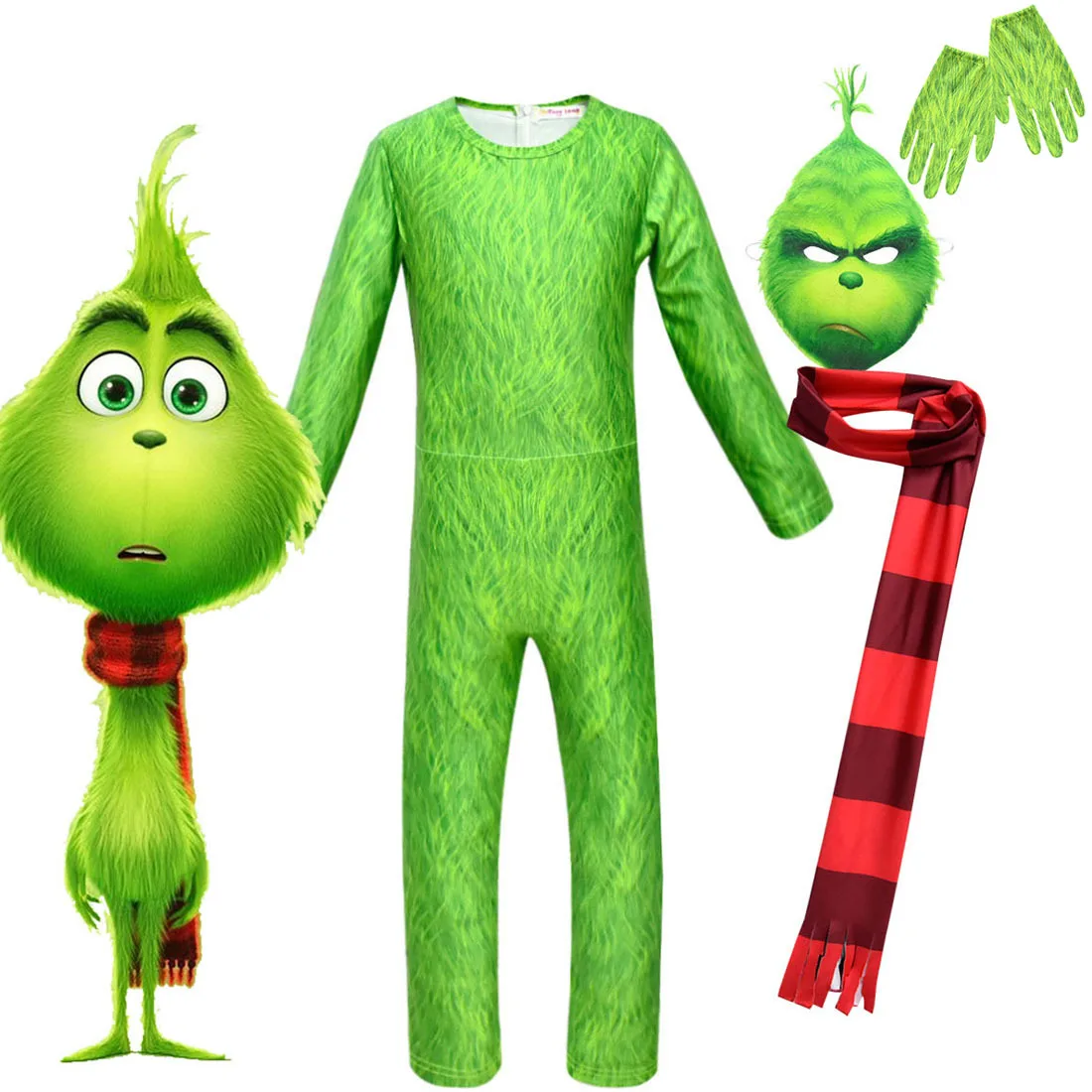 New children cartoon Grinch Christmas costume cosplay green-haired monster jumpsuit for kids Halloween