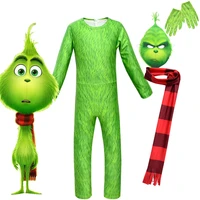 new children cartoon grinch christmas costume cosplay green haired monster jumpsuit for kids halloween
