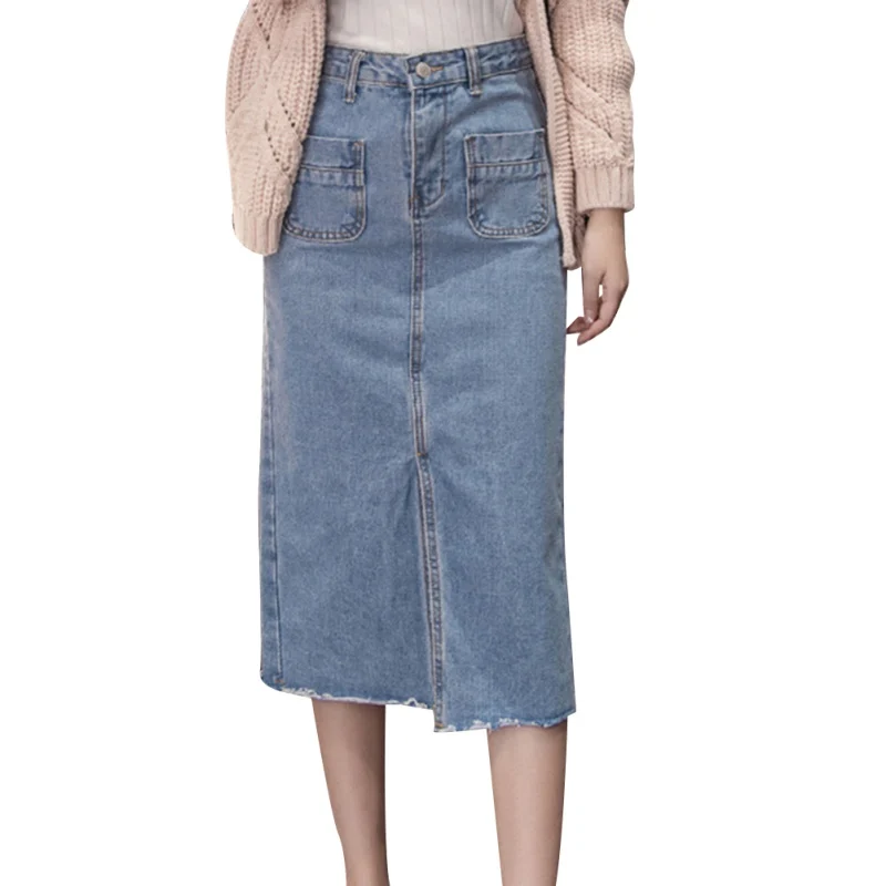 Женская джинсовая юбка с высокой талией женские юбки джинсовые разрезом