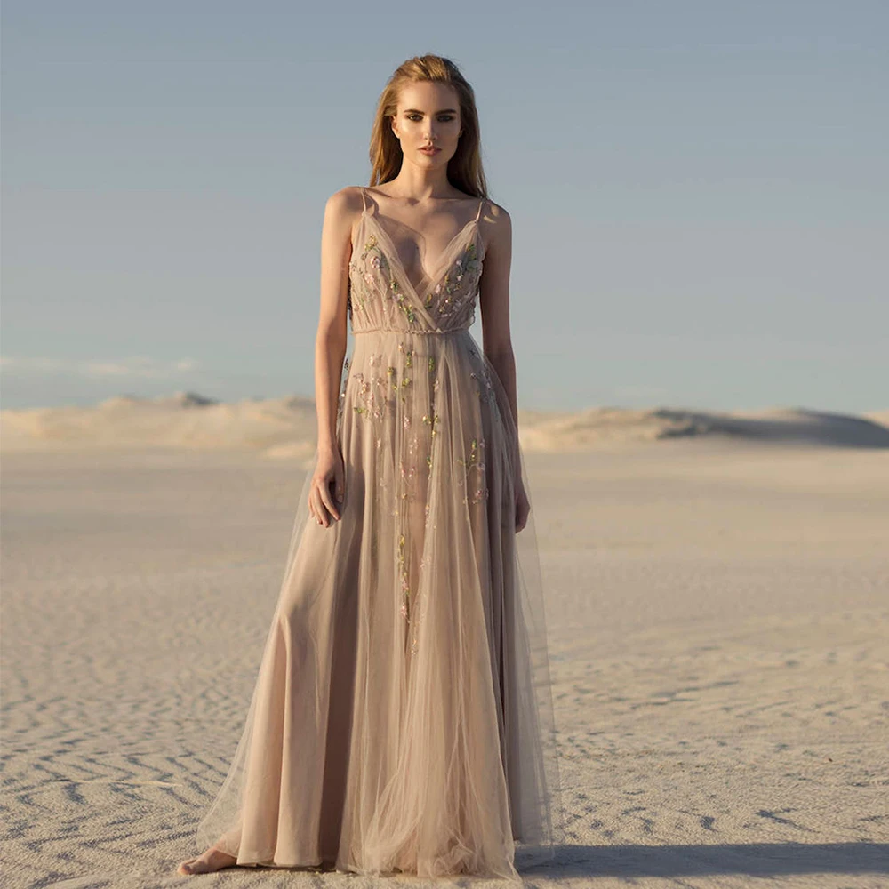 

Patrol Tulle Wedding Dress For Bride Thin Spaghetti Straps Plus Size Floor Length Bridal Gown Civil Formal Slit Flowers Vestido