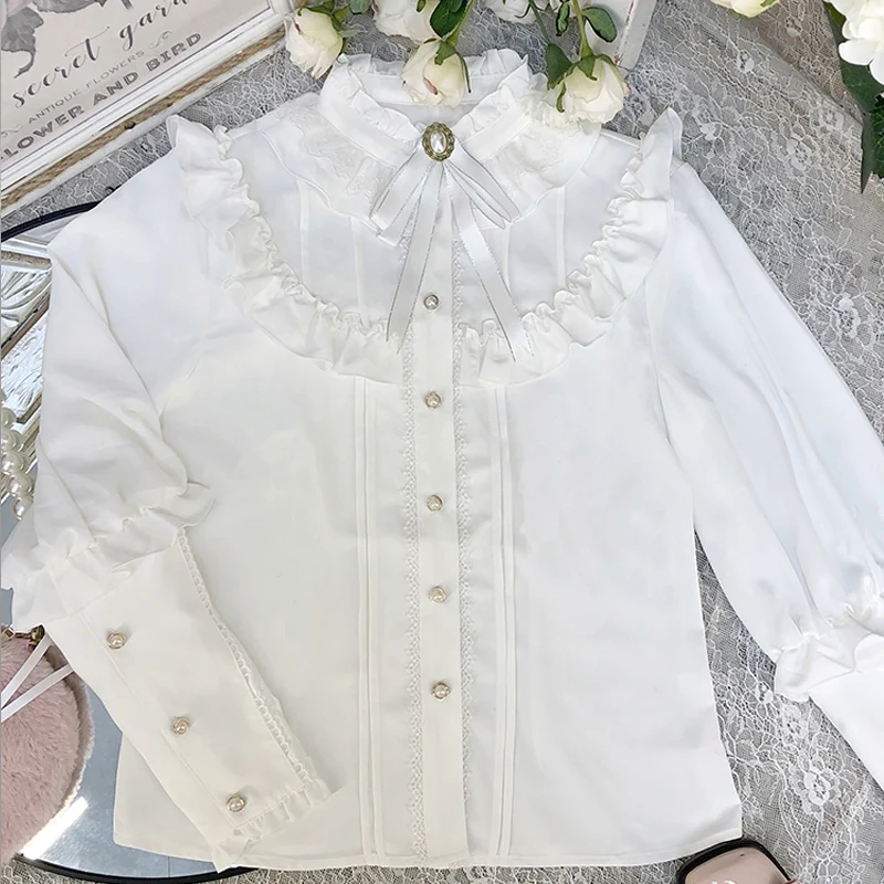 Фото Кардиган в готическом Стиле Лолита Женская кружевная блузка с оборками Модная