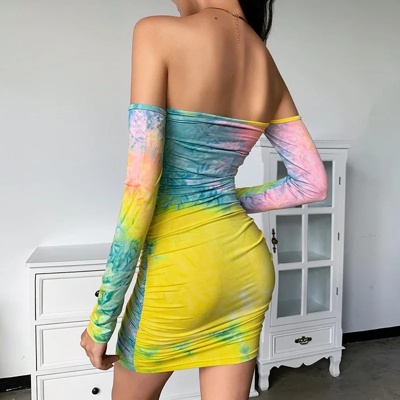 

Sexy Dress Women Casual Bodycon Dresses Slim Tie-Dye Pleated One-Shoulder Long-Sleeved Skirt Dress Spring Autumn 2021