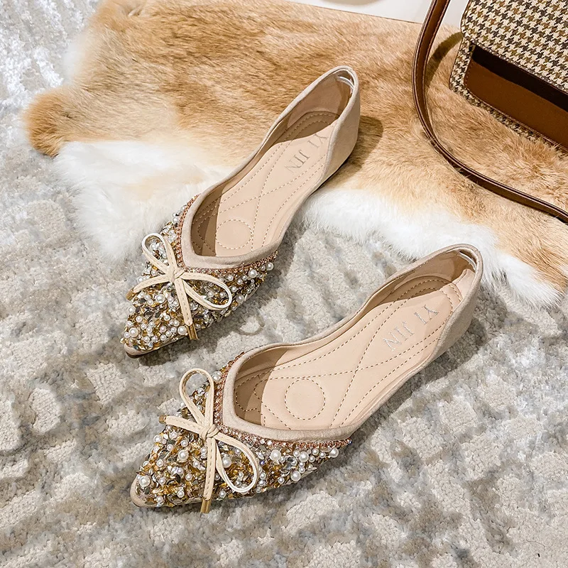 Women Ballet Flats Bling Crystal Diamond Wedding Shoes Ladies Bow Sequins Pointed Leisure Loafers Flat Sandals Big Size 35-43