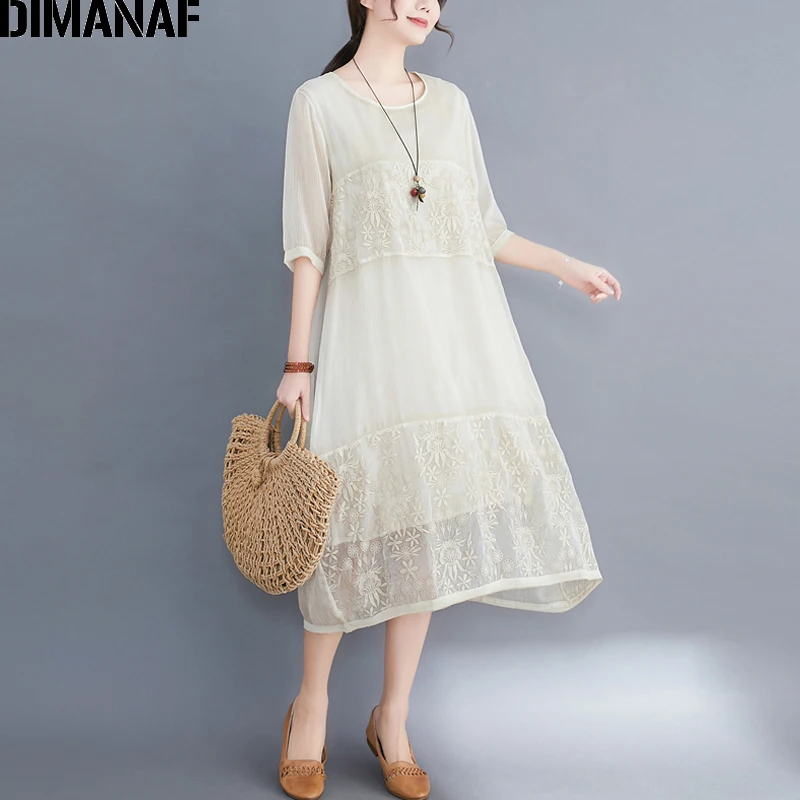 Женское платье с цветочной вышивкой DIMANAF Длинное свободное кружевом летний