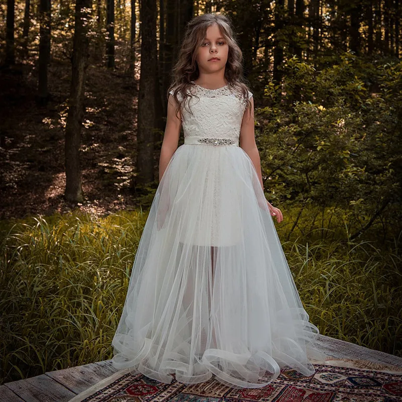 

Elegant Girl Party Dress For 2021 A-Line Floor-Length O-Neck Short Sleeve Lace Applique Bow For Wedding Kid Princess Hot Sale