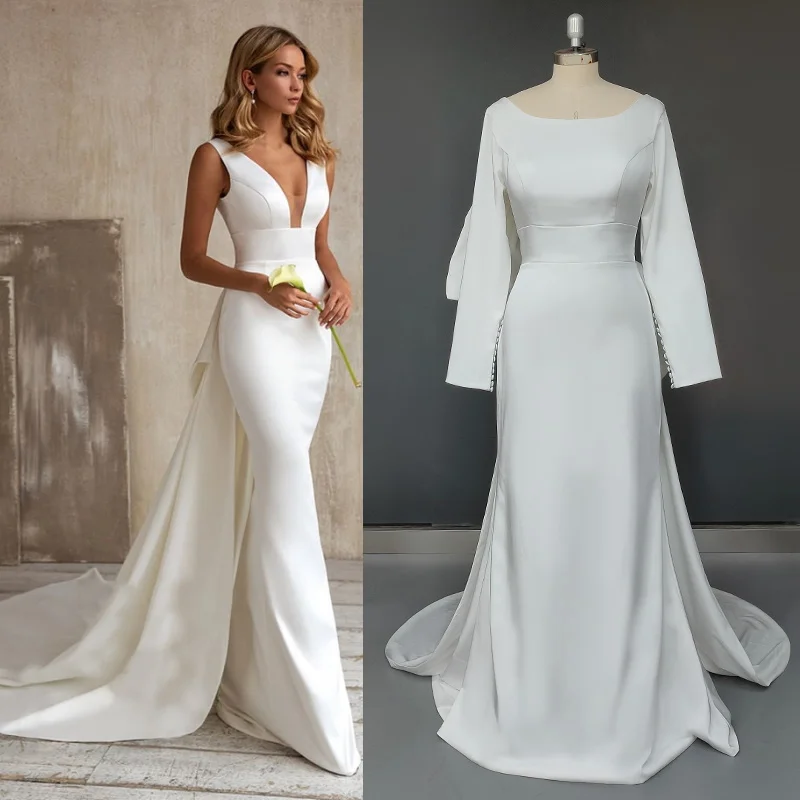 

11672#Spaghetti Straps Sexy Deep V-Neck Sleeveless Mermaid Satin Open Back With BowTie Wedding Dress Wedding Gown Bridal Gown