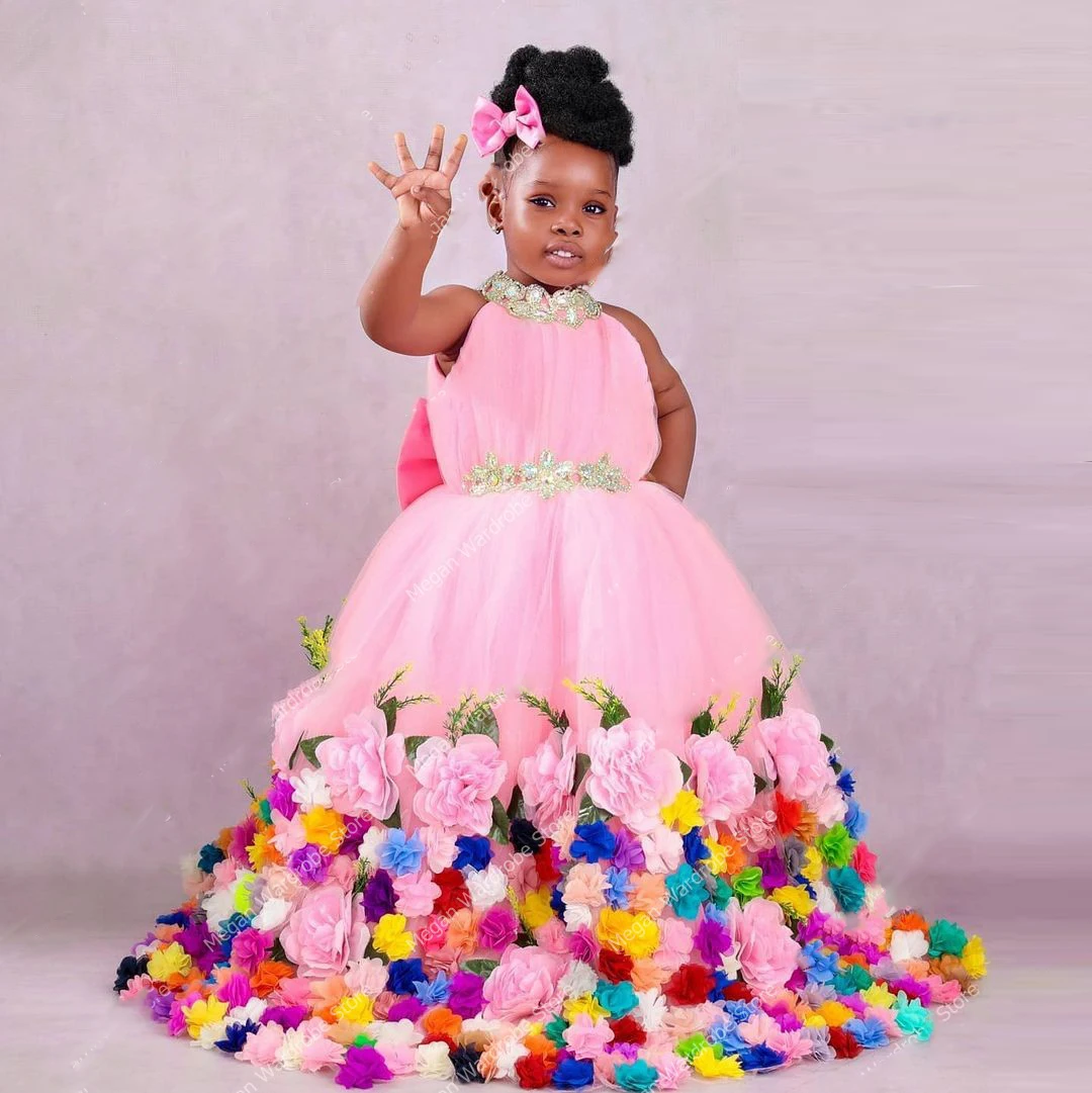 

Floral Tutu Dress Little Girl Wear Birthday Pink Fluffy Tulle Dress Girl Long Ball Gown Flower Girl Dresses Bow Mesh Beading