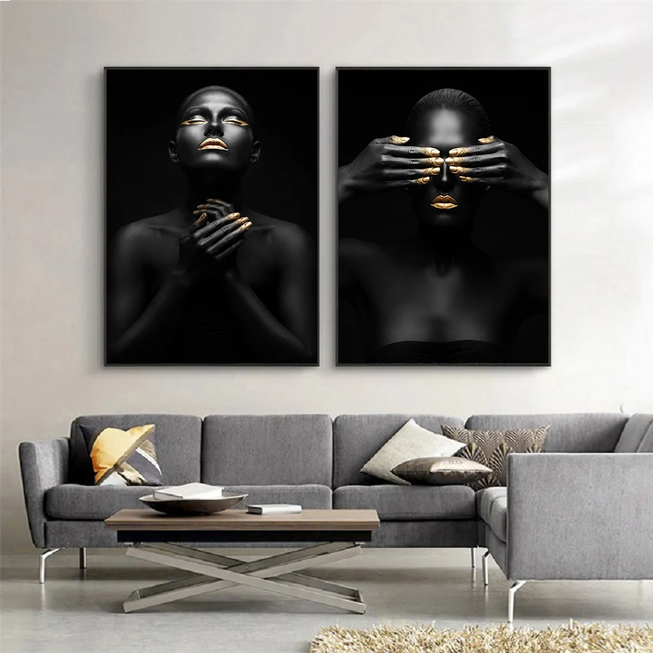 Модное Африканское искусство черные и золотые холсты для женщин современный