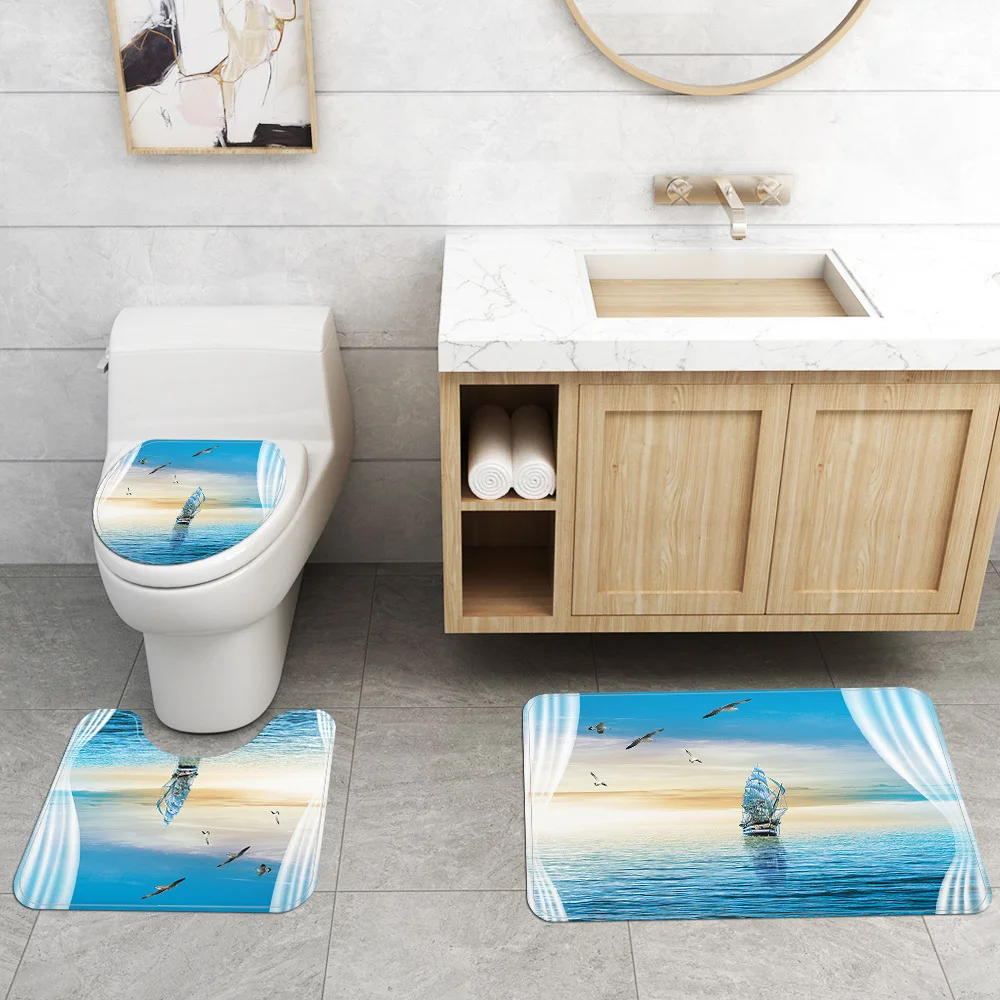 

Memory Foam Toilet Mat Non-slip Floor Carpet for Bathroom Carpet Rug Waterproof Shower Curtain and Flannel Bath Mat Set