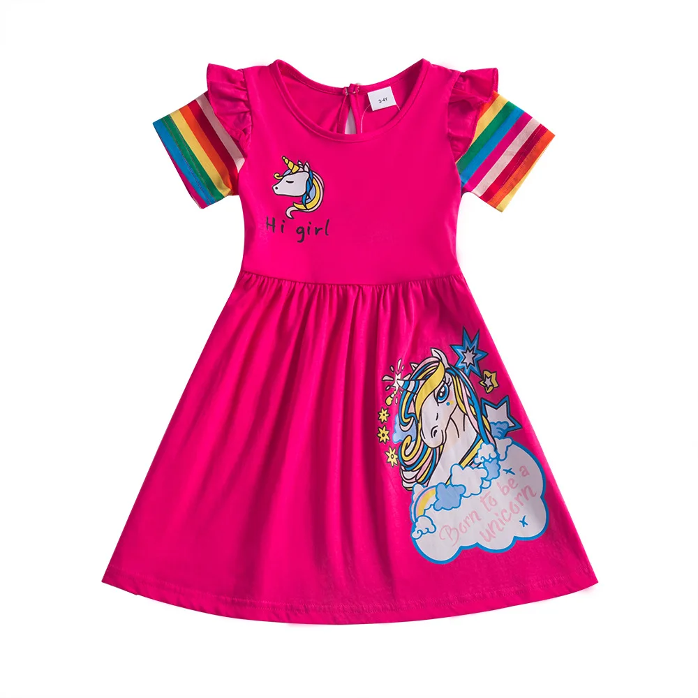 

Girls dress 100% cotton summer baby clothes cartoon rainbow unicorn girl princess dress cute baby girl short sleeve dress