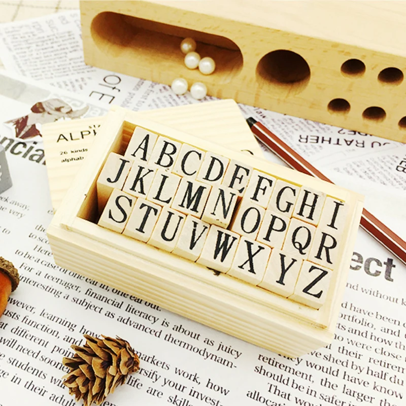 26pcs/box uppercase letter series square shape wooden stamp decoration gift funny DIY tool | Канцтовары для офиса и дома