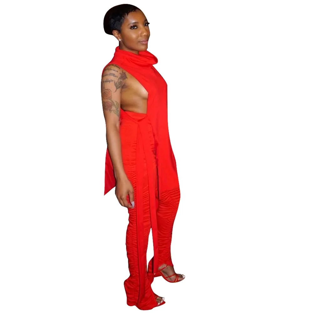 

Clubwear Women Sexy Solid Two Piece Sets Chic Turtleneck Sleeveless Bilateral Split Lace-Up Tees High Waist Stacked Pants Sets