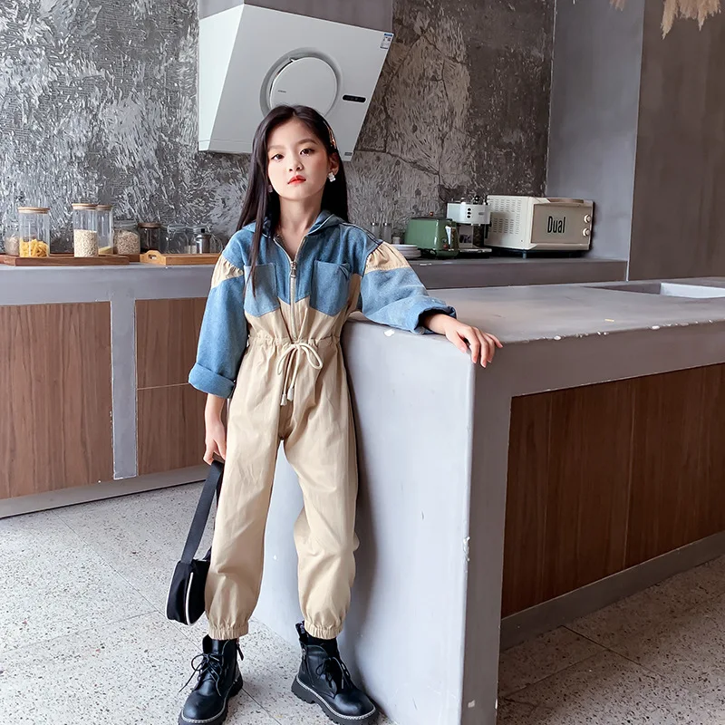 Джинсовые комбинезоны с капюшоном для девочек джинсовые брюки средней и большой