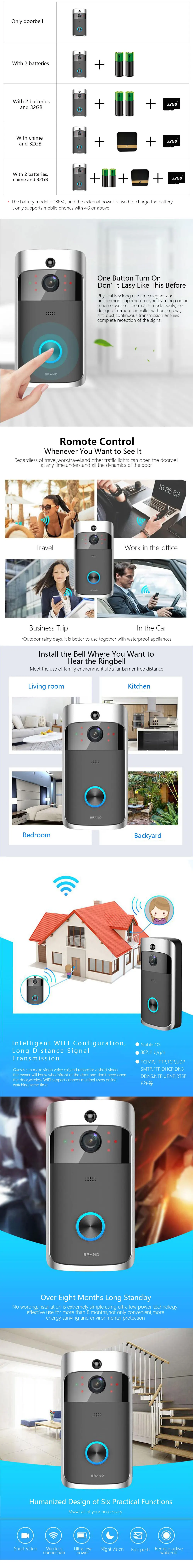 Wifi камера дверной звонок, 2 батареи Смарт ip-камера обнаружения движения ночного видения двухсторонняя аудио домашняя камера безопасности дверной звонок D001
