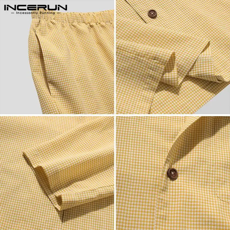 

2021 Men Plaid Pajamas Sets Homewear Lapel Long Sleeve Sleepwear Long Pants Leisure Cozy Men's Nightwear Suit 2 Pieces INCERUN