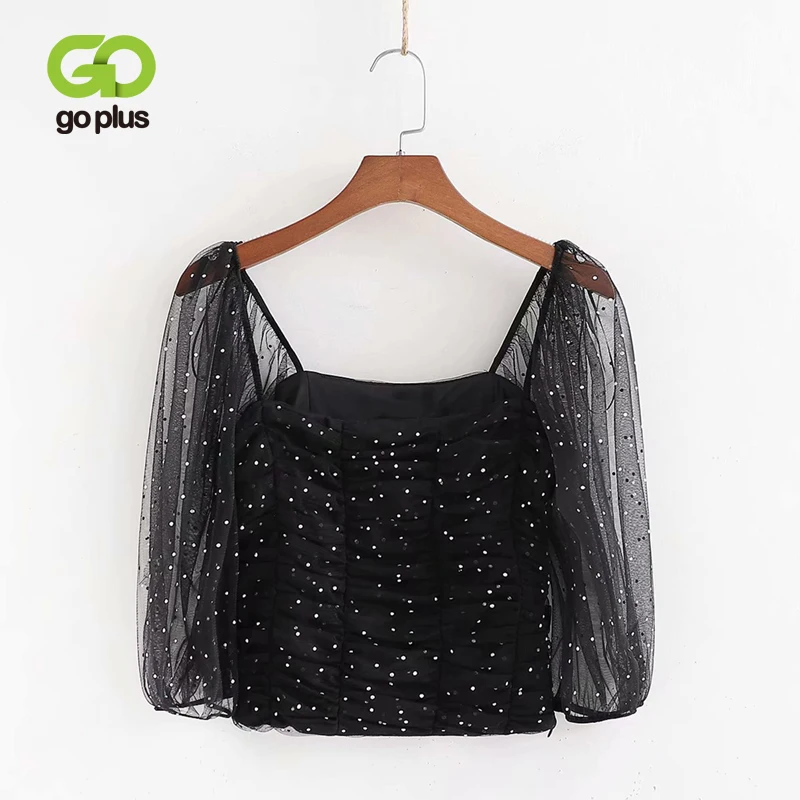 Весенняя женская блузка рубашка винтажная черная с пышными рукавами квадратным