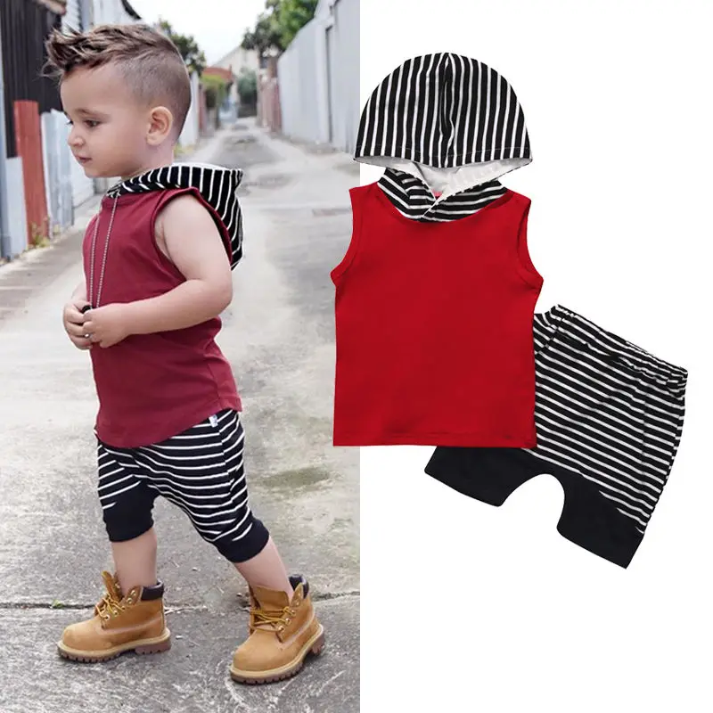 

Toddler Kids Baby Boy Sleeveless Hooded Vest Tops Striped Pants 2pcs Summer Boys Outfit Set 0-4Y