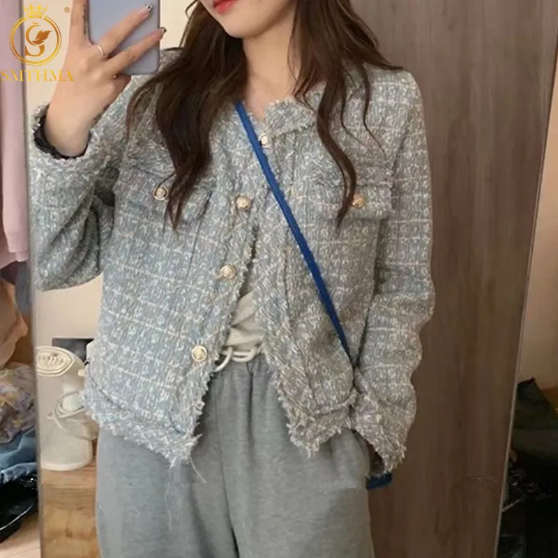 

High Quality Korean Chic Vintage Tweed Jacket Coat Women Autumn Single Breasted Plaid Tassel Woolen Jackets Office Lady Outwear