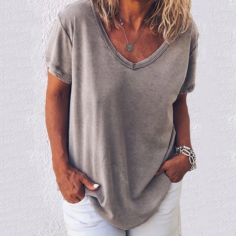 

2021 Loose Oversized Solid Color Short Sleeve T-shirt for Femail V Neck Woman Tshirts Women Clothing Oversized T Shirt Top