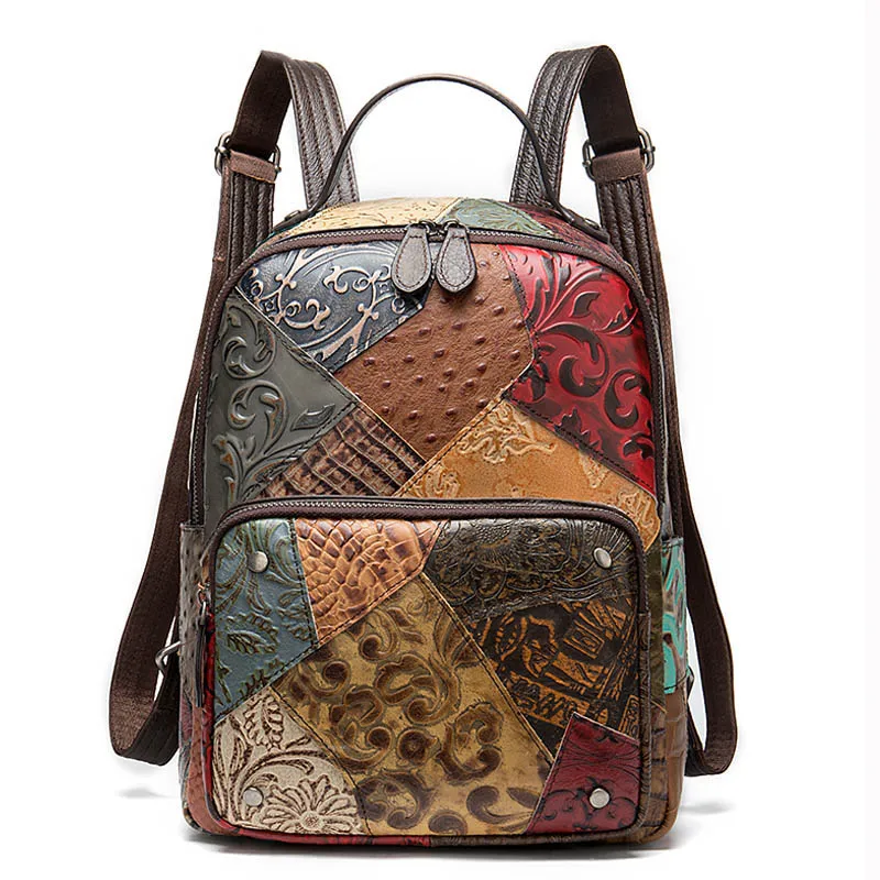 Colorful Patchwork Backpack For Women Genuine Leather Travel Backpack Girls Ladies Daypack National Style Women travel bag
