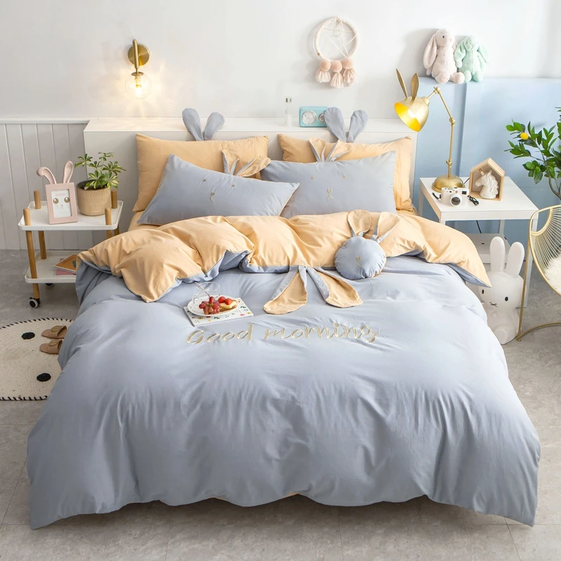 Cute Big Ear Rabbit Embroidery 100% Washed Cotton Girl Bedding Set Full Queen King Duvet Cover Bed Sheet/Linen Pillowcase 3/4pcs | Дом и сад