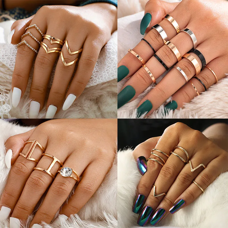 

16sets Bohemian Sun Badge Water Drop Moon Leaf Heart Shaped Gold Ring Charm Set Geometric Joint Finger Rings Female Jewelry