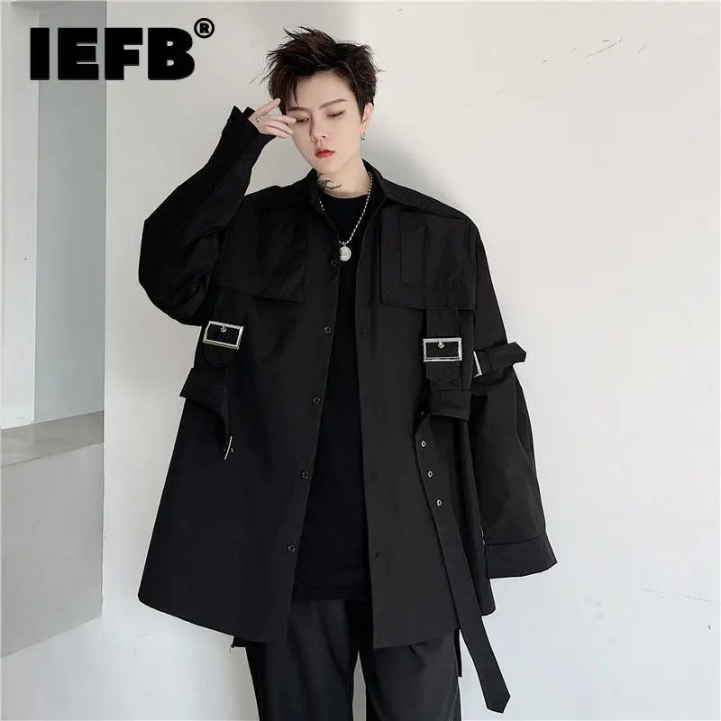 

IEFB 2022 Sprign New Bandage Patchwork Design Black White Shirts For Men Long Sleeve Oversized Blouse Streetwear Tops 9Y6267