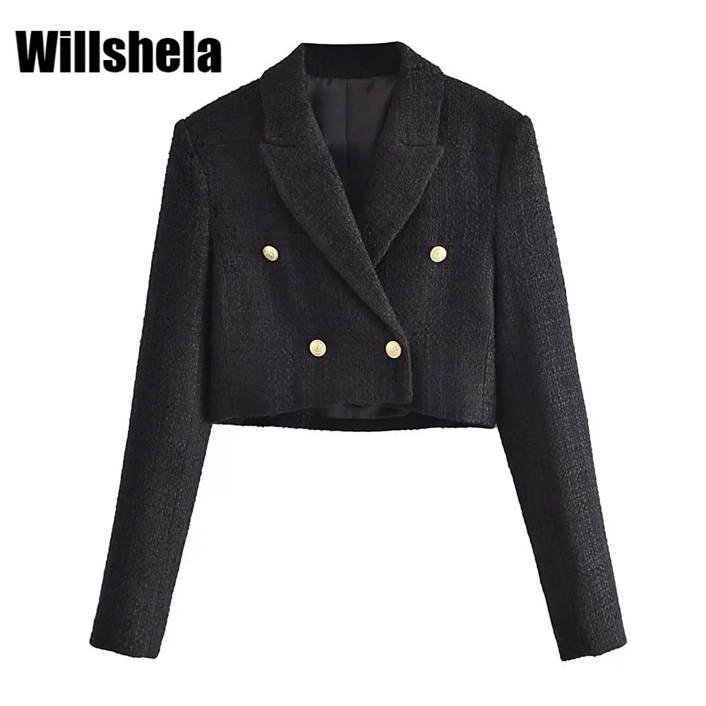 

Женский укороченный пиджак Willshela, двубортный укороченный пиджак с отложным воротником и длинными рукавами
