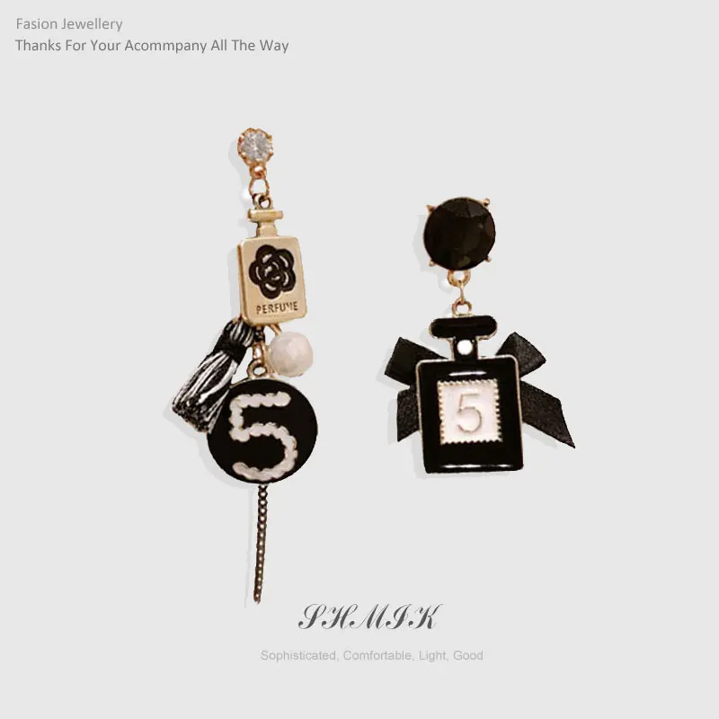 Модные длинные серьги с подвеской в виде камелий цифрой 5 флакон духов бантом