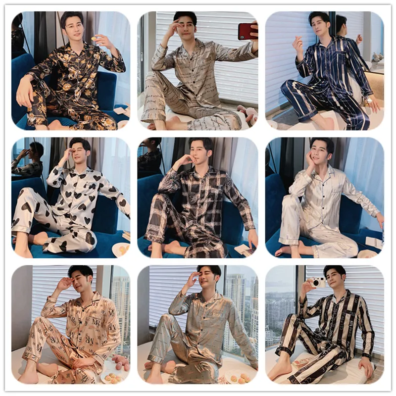 

Autumn Silk Pijama For Men 2 Pieces Suit Lounge Sleepwear Casual Fashion Pyjamas Bedgown Homewear Man PJs Satin Printing Pajamas