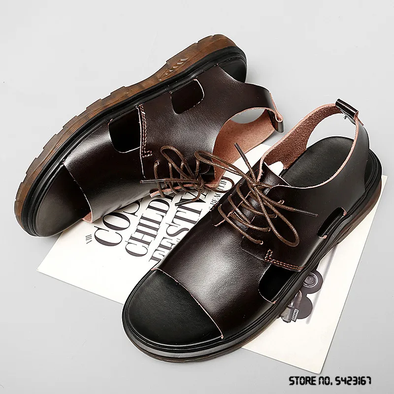 Мужские сандалии из натуральной кожи уличная пляжная обувь на шнуровке плоская