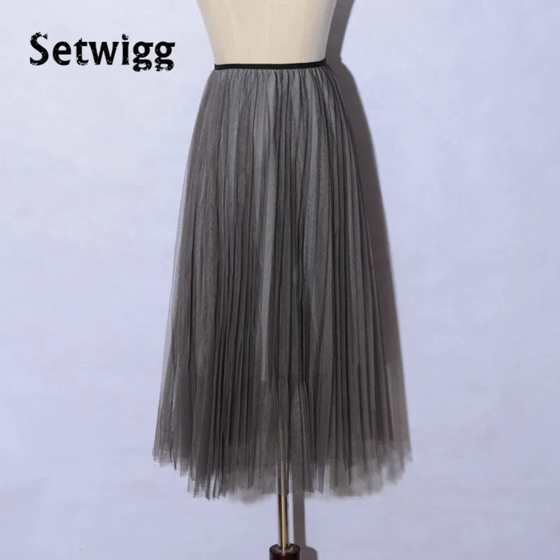 Длинная Плиссированная юбка трапеция из многослойного тюля с поясом на