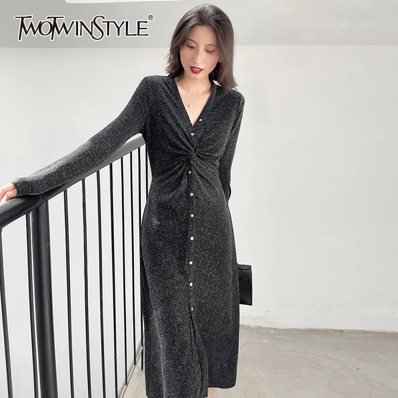 

Женское платье с длинным рукавом TWOTWINSTYLE, однотонное платье с глубоким V-образным вырезом и высокой талией, 2021
