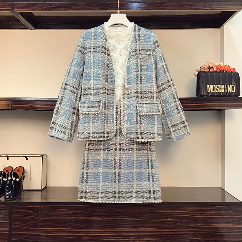 

Fall Winter Runway Pearl Beaded Plaid Sequins Tweed Luxury Jacket Coat Outerwear + Elegant Skirt Women's Clothes Two Pieces Set