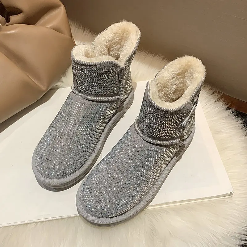 

Женские зимние ботинки на плоской подошве с инкрустацией стразами, Зимняя женская шерстяная обувь, женские повседневные легкие ботильоны, ...